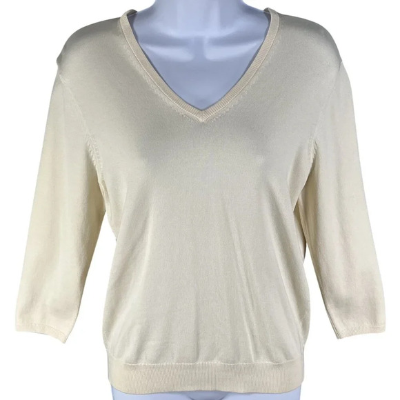 346 Brooks Brothers Womens M Sweater 3/4 Sleeve Silk Blend Rib Trim Minimalist - Picture 1 of 13
